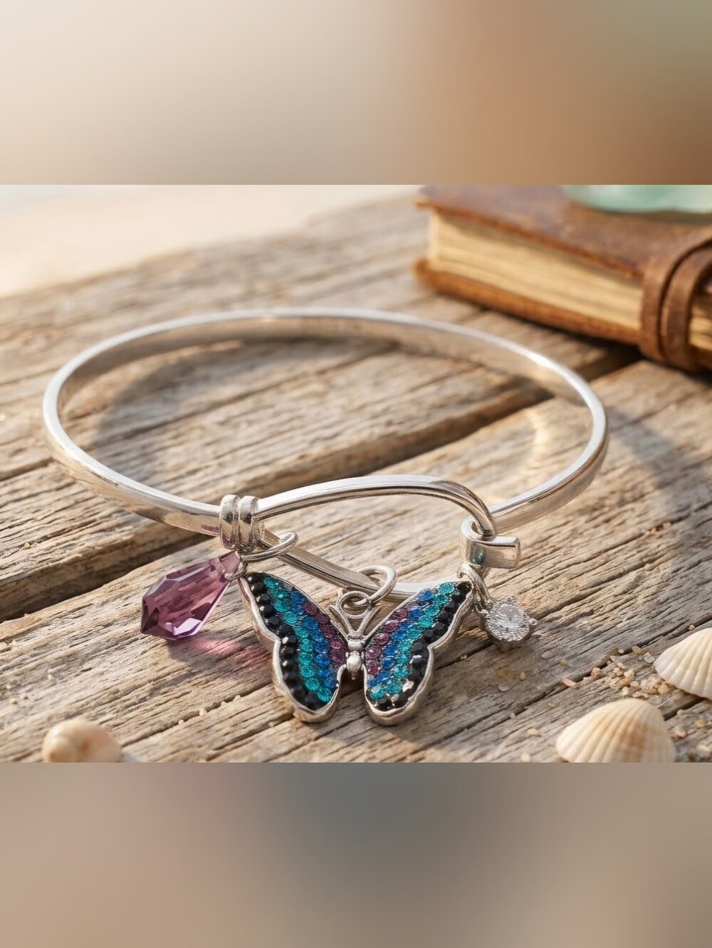Silver Butterfly Charm Bangle with Blue and Purple Accents